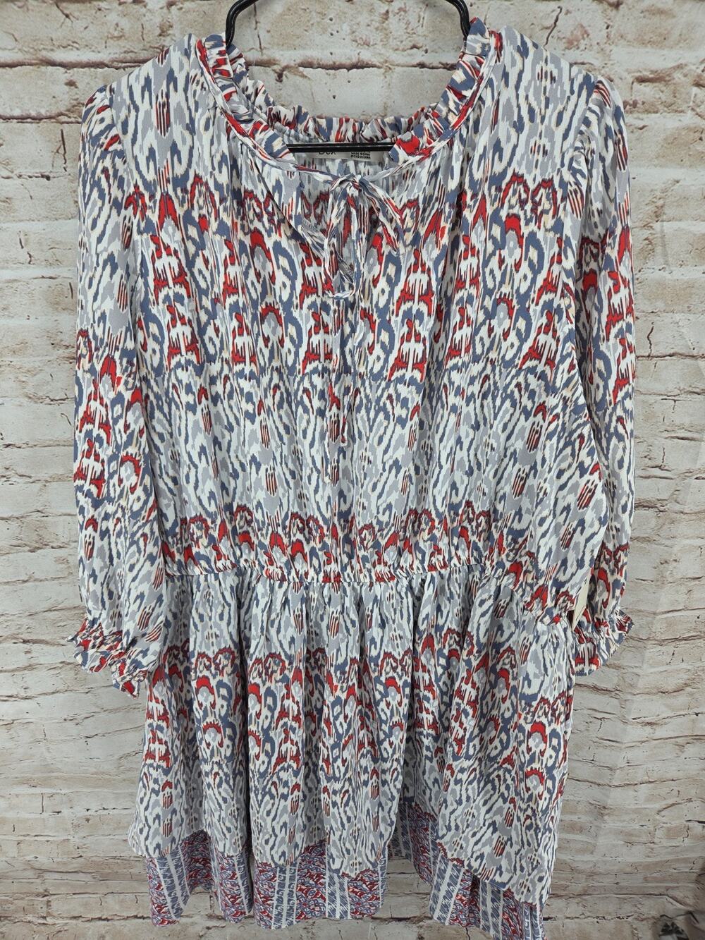Dex Dress Size 1X Boho Dress Long Sleeve NEW Ruffled Tie Front Blue Red Ikat